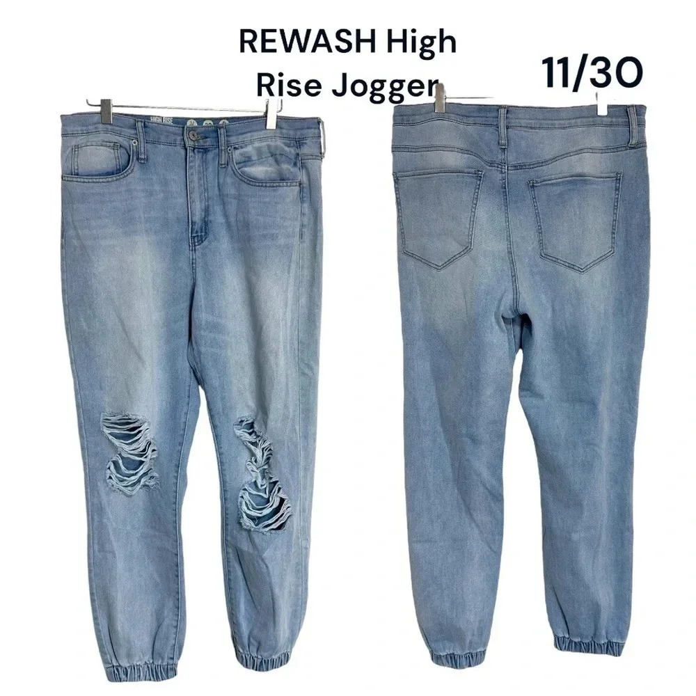 REWASH High Rise Jogger 11/30 Light Wash Blue Distressed Ripped Denim‎ Pants